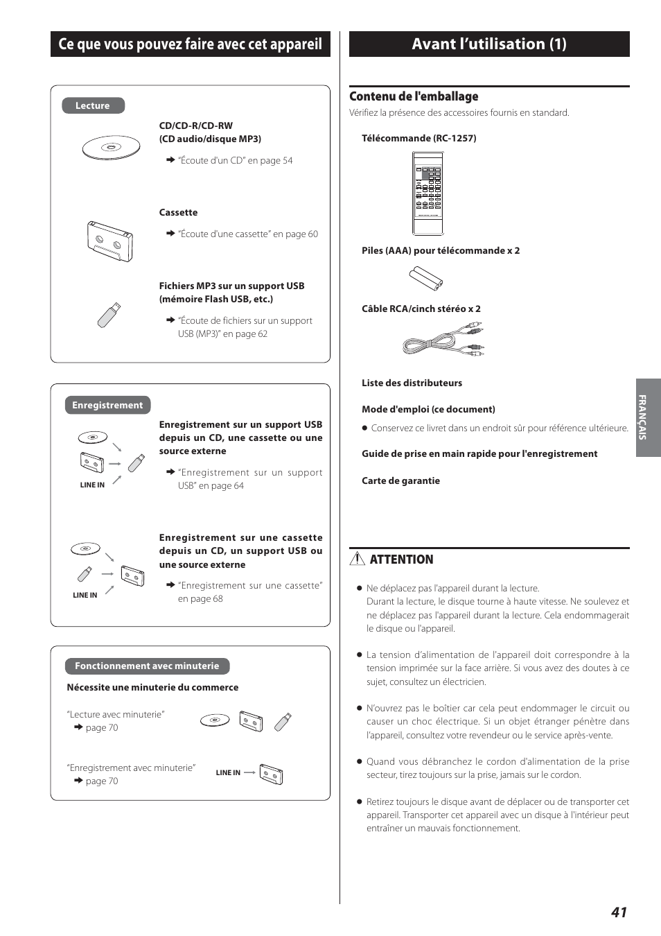 Ce que vous pouvez faire avec cet appareil, Avant l’utilisation, Avant l’utilisation (1) | Contenu de l'emballage, Attention | Teac AD-800 User Manual | Page 41 / 112