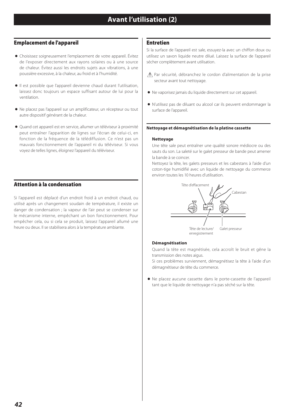 Avant l’utilisation (2), Emplacement de l'appareil, Attention à la condensation | Entretien | Teac AD-800 User Manual | Page 42 / 112