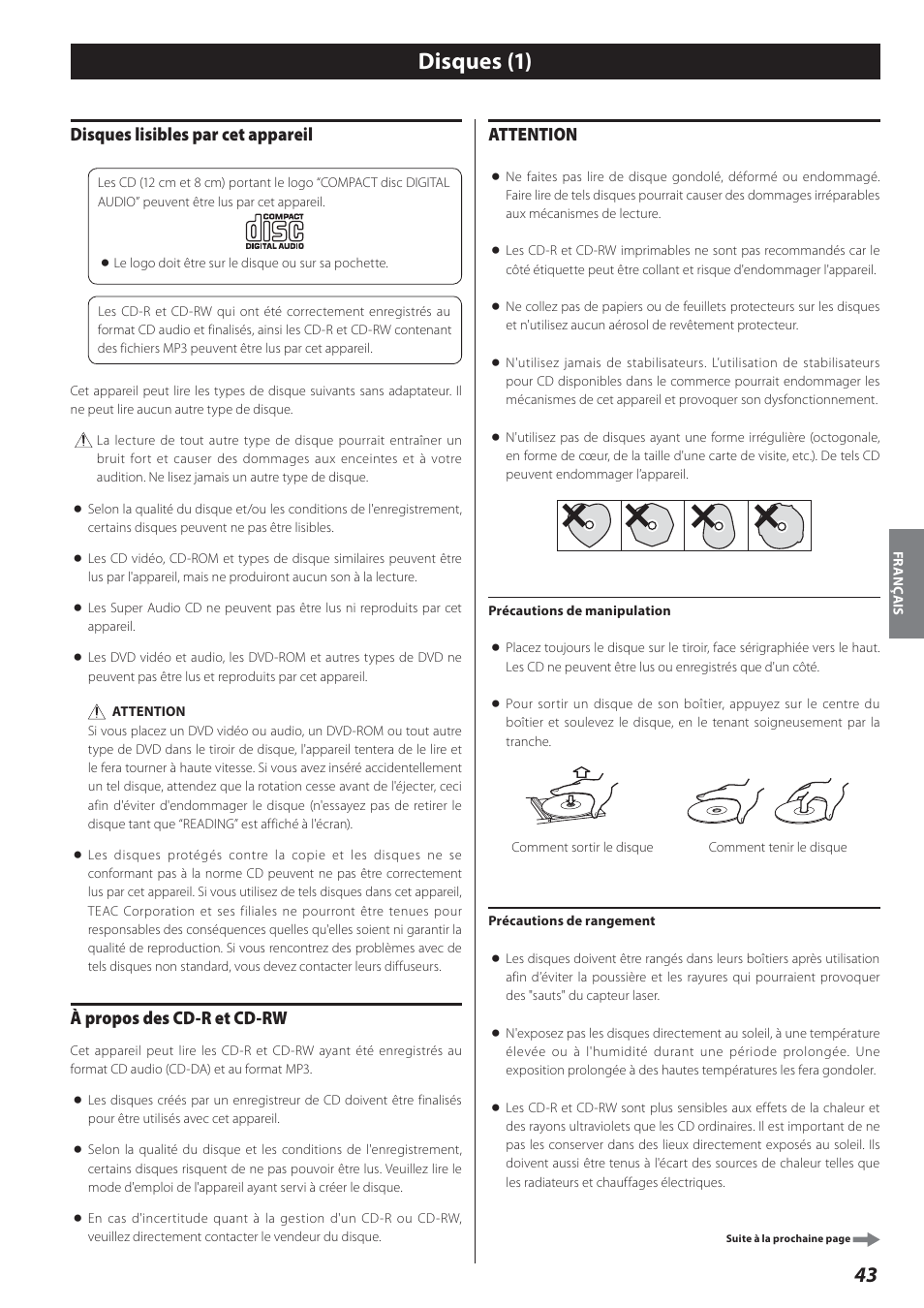 Disques, Disques (1), Disques lisibles par cet appareil | À propos des cd-r et cd-rw, Attention | Teac AD-800 User Manual | Page 43 / 112