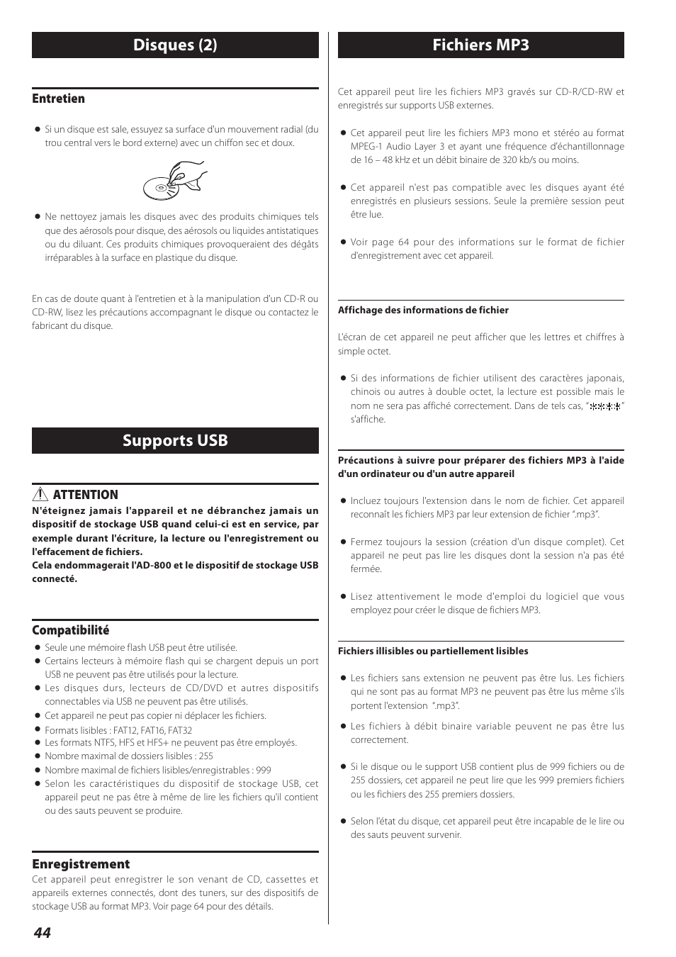 Supports usb, Fichiers mp3, Disques (2) fichiers mp3 supports usb | Entretien, Attention, Compatibilité, Enregistrement | Teac AD-800 User Manual | Page 44 / 112