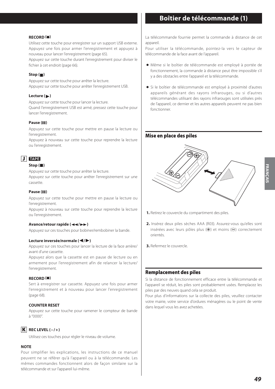 Boîtier de télécommande, Boîtier de télécommande (1), Mise en place des piles | Remplacement des piles | Teac AD-800 User Manual | Page 49 / 112