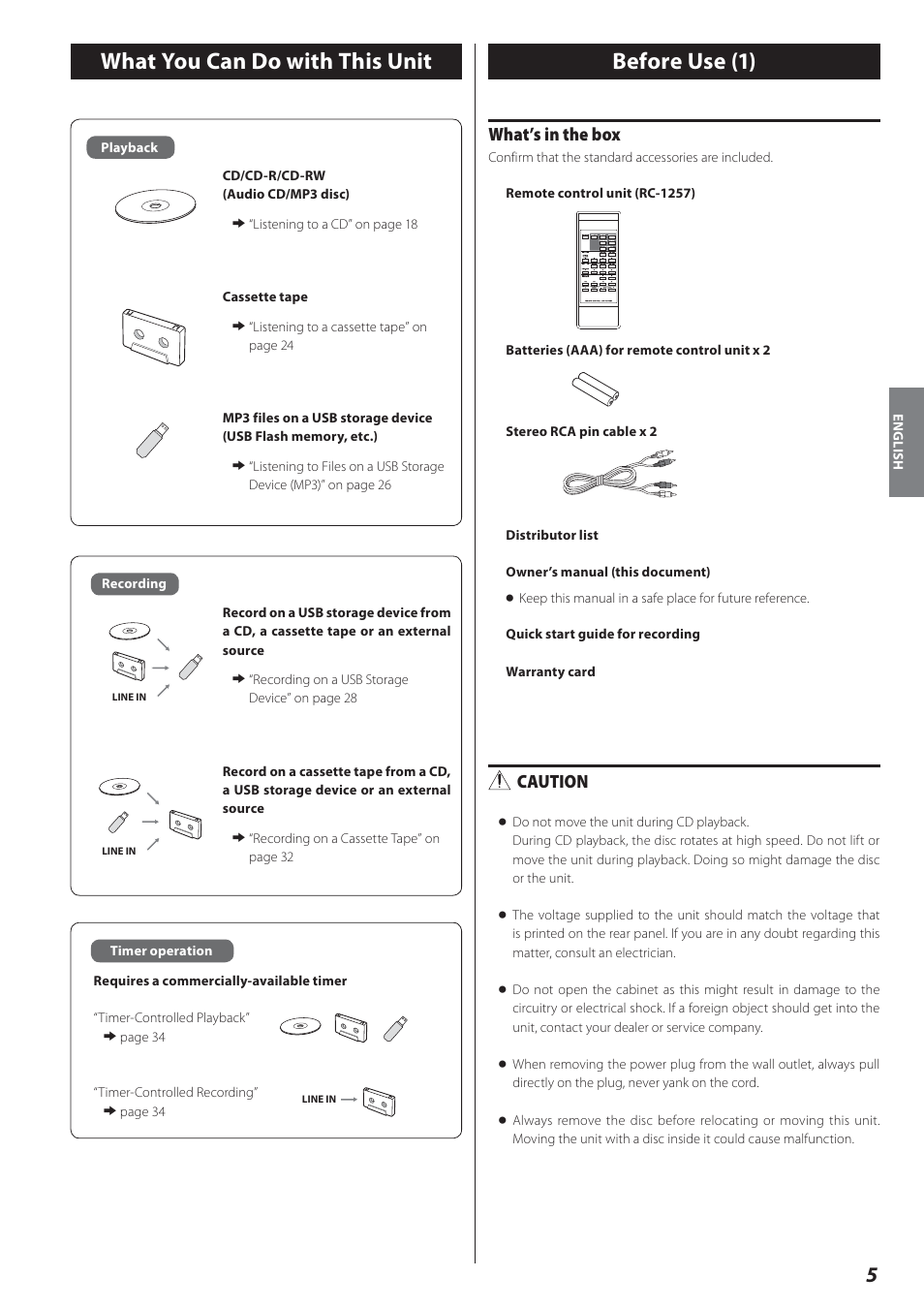 What you can do with this unit, Before use, Before use (1) | What’s in the box, Caution | Teac AD-800 User Manual | Page 5 / 112