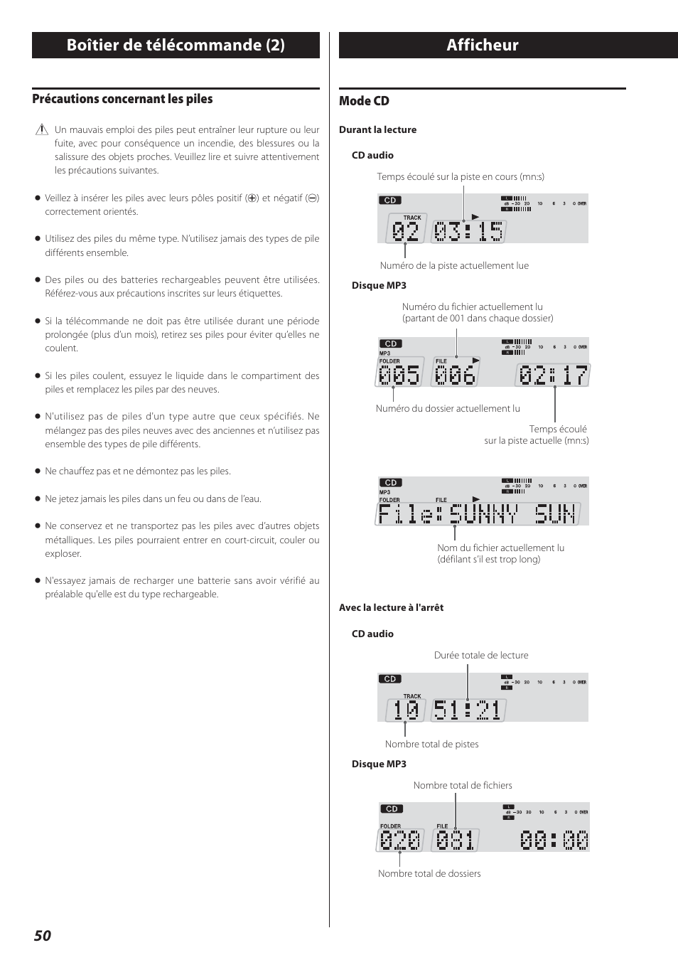 Afficheur, Boîtier de télécommande (2), Mode cd | Précautions concernant les piles | Teac AD-800 User Manual | Page 50 / 112