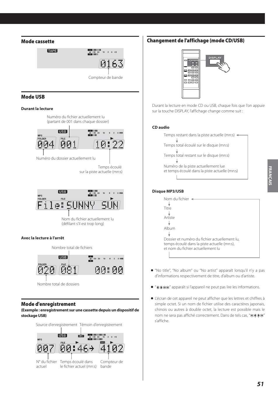 Mode cassette, Mode usb, Mode d'enregistrement | Changement de l'affichage (mode cd/usb) | Teac AD-800 User Manual | Page 51 / 112