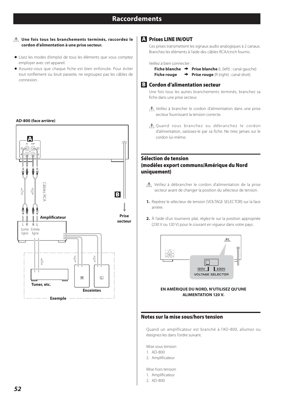 Raccordements, Aprises line in/out, Bcordon d’alimentation secteur | Teac AD-800 User Manual | Page 52 / 112