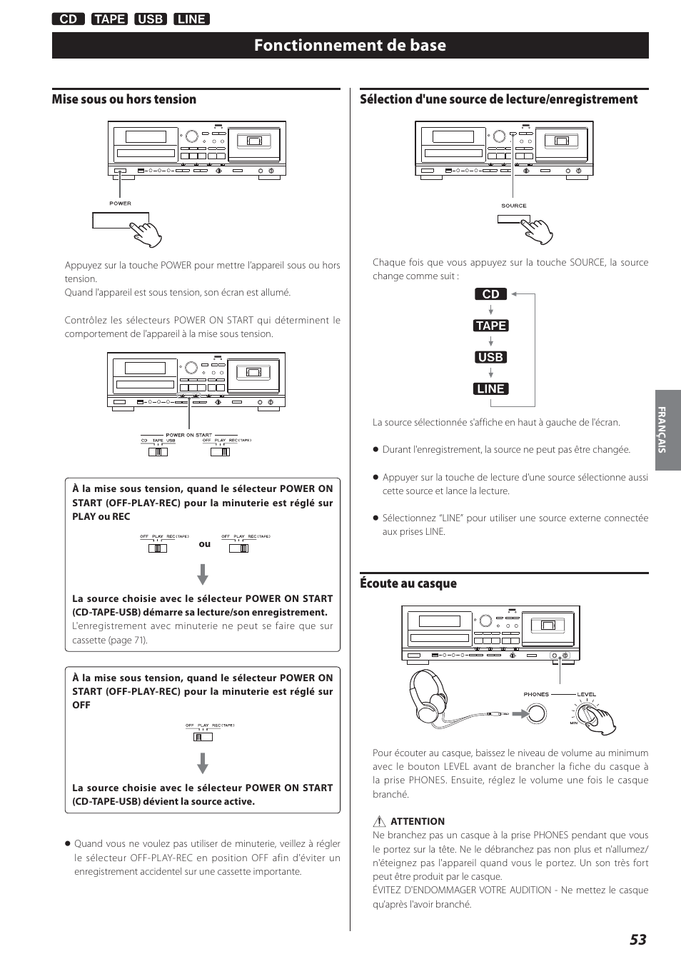 Fonctionnement de base, Mise sous ou hors tension, Sélection d'une source de lecture/enregistrement | Écoute au casque | Teac AD-800 User Manual | Page 53 / 112