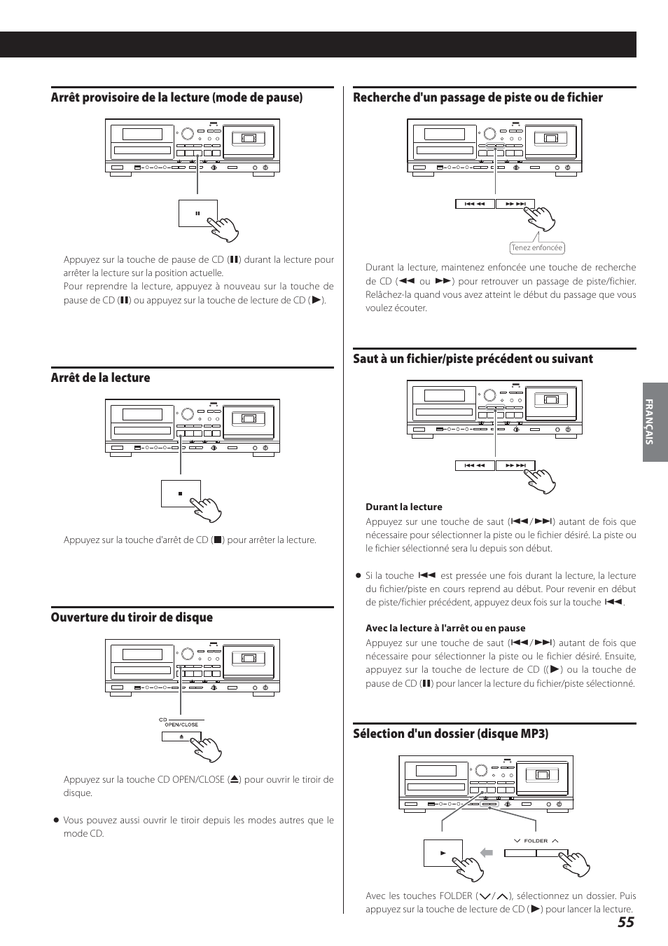 Arrêt provisoire de la lecture (mode de pause), Arrêt de la lecture, Ouverture du tiroir de disque | Recherche d'un passage de piste ou de fichier, Saut à un fichier/piste précédent ou suivant, Sélection d'un dossier (disque mp3) | Teac AD-800 User Manual | Page 55 / 112