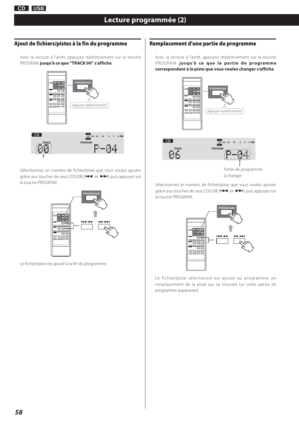 Lecture programmée (2), Ajout de fichiers/pistes à la fin du programme, Remplacement d'une partie du programme | Teac AD-800 User Manual | Page 58 / 112