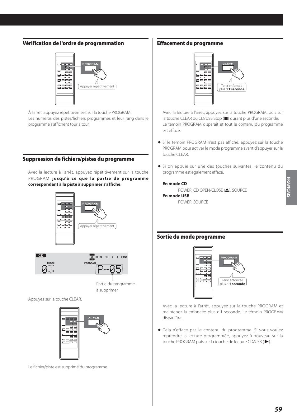 Effacement du programme, Sortie du mode programme, Vérification de l'ordre de programmation | Suppression de fichiers/pistes du programme | Teac AD-800 User Manual | Page 59 / 112