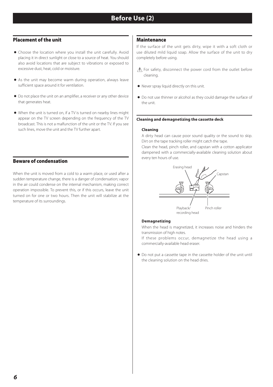 Before use (2), Placement of the unit, Beware of condensation | Maintenance | Teac AD-800 User Manual | Page 6 / 112