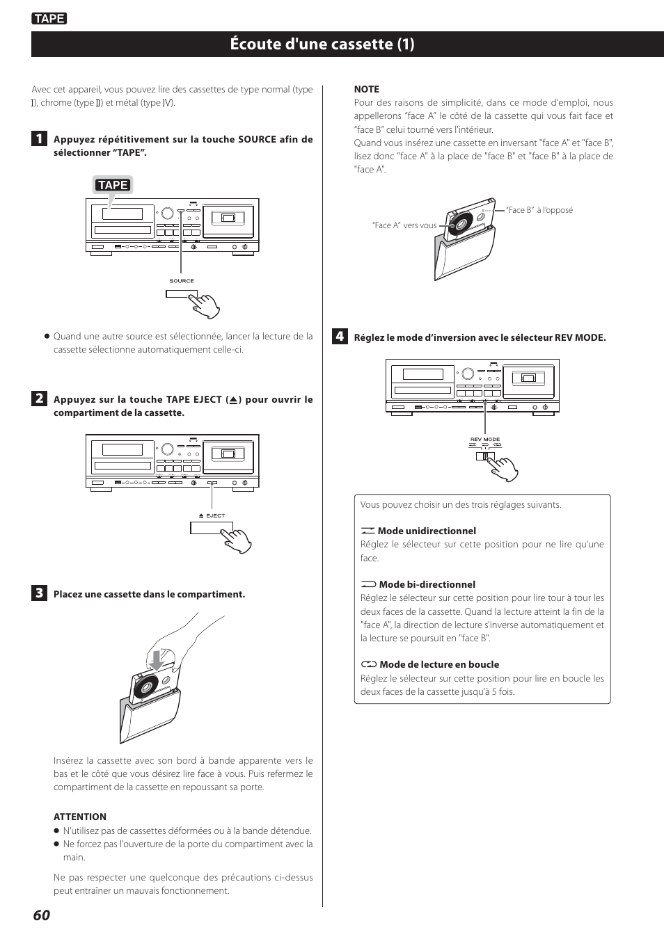 Écoute d'une cassette, Écoute d'une cassette (1) | Teac AD-800 User Manual | Page 60 / 112