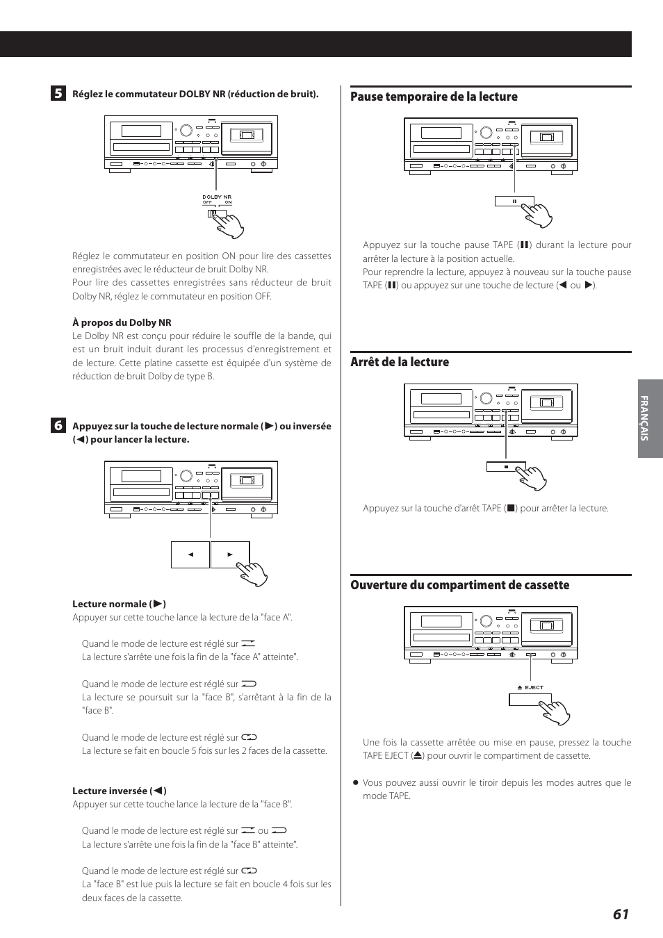 Pause temporaire de la lecture, Arrêt de la lecture, Ouverture du compartiment de cassette | Teac AD-800 User Manual | Page 61 / 112