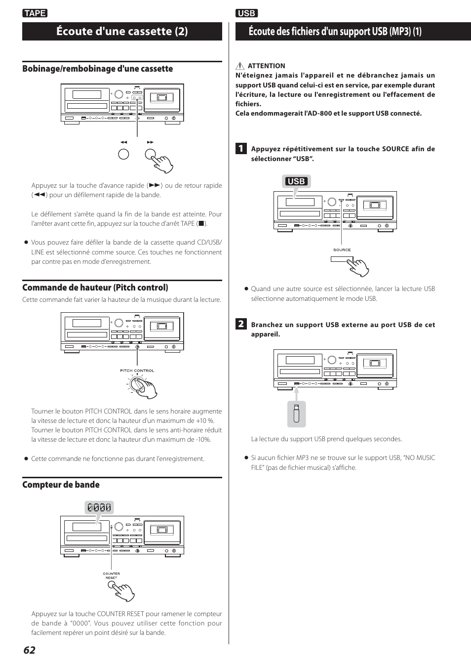 Écoute des fichiers d'un support usb (mp3), Écoute d'une cassette (2), Écoute des fichiers d'un support usb (mp3) (1) | Teac AD-800 User Manual | Page 62 / 112