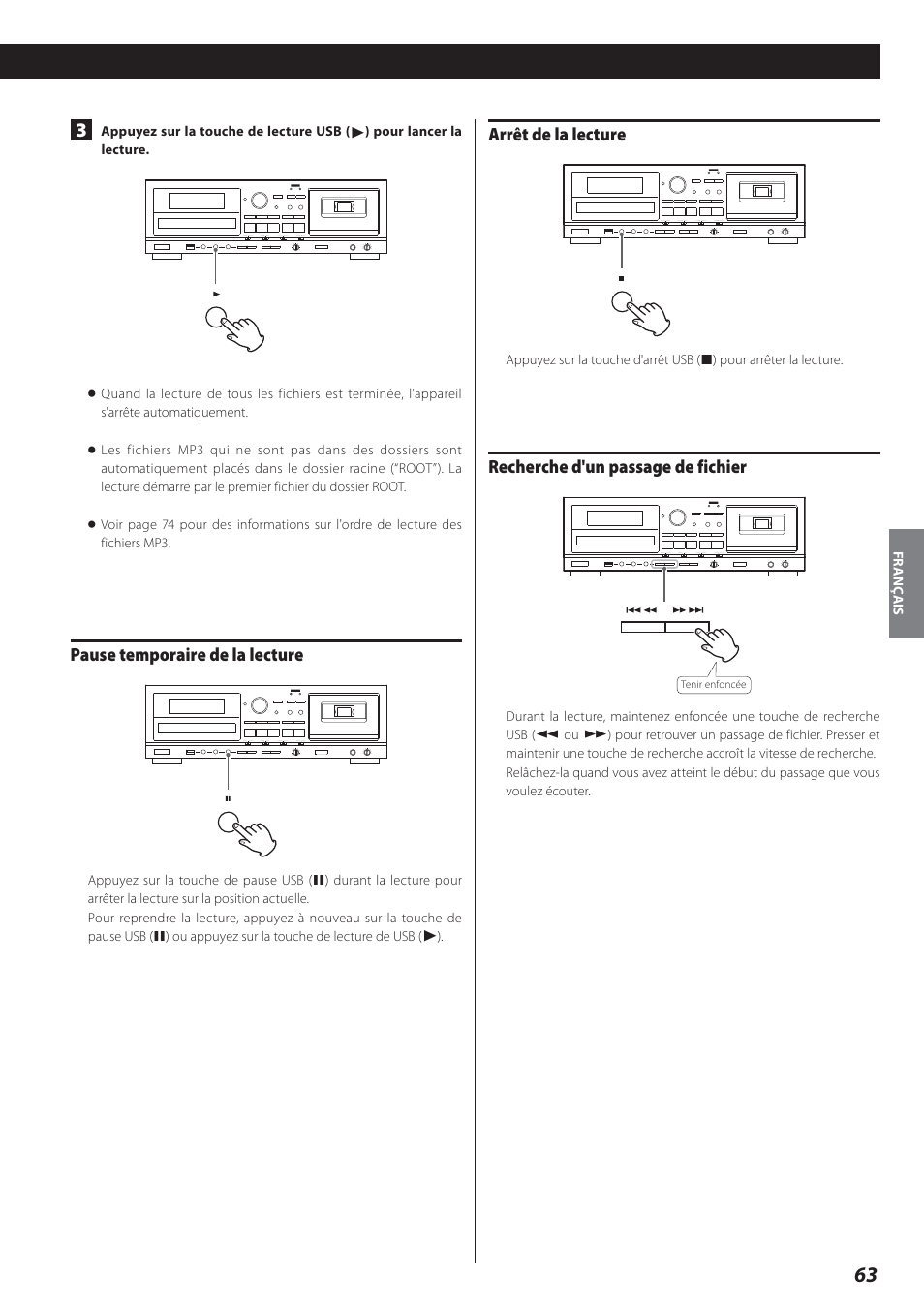 Pause temporaire de la lecture, Arrêt de la lecture, Recherche d'un passage de fichier | Teac AD-800 User Manual | Page 63 / 112