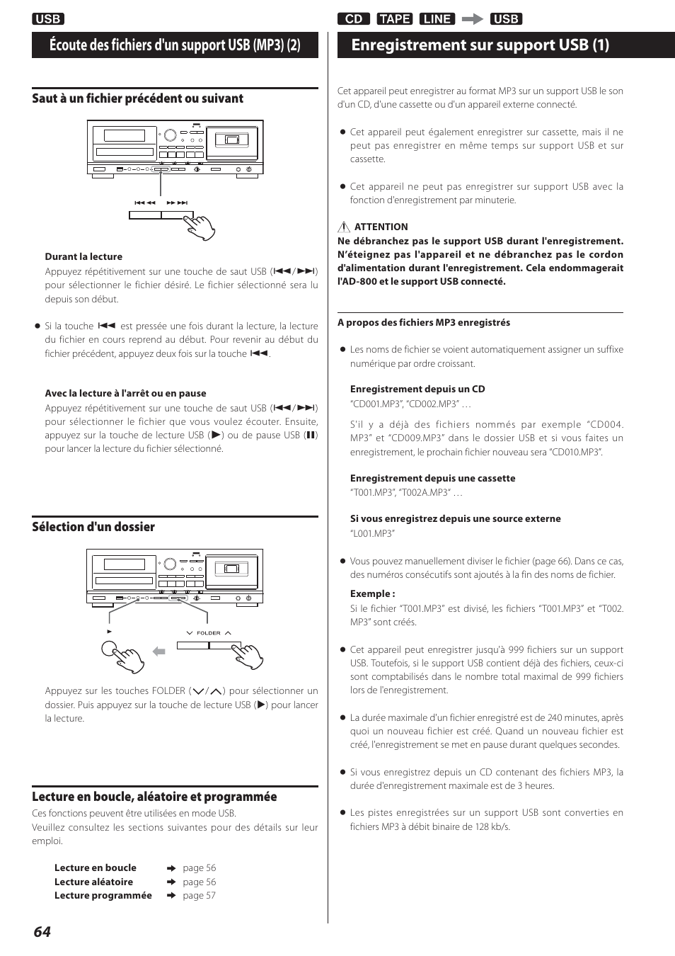 Enregistrement sur support usb, Enregistrement sur support usb (1), Écoute des fichiers d'un support usb (mp3) (2) | Saut à un fichier précédent ou suivant, Sélection d'un dossier, Lecture en boucle, aléatoire et programmée | Teac AD-800 User Manual | Page 64 / 112