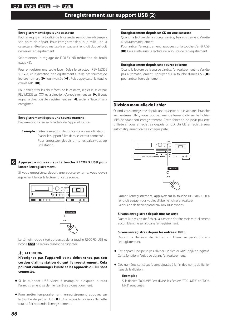 Enregistrement sur support usb (2), Division manuelle de fichier | Teac AD-800 User Manual | Page 66 / 112