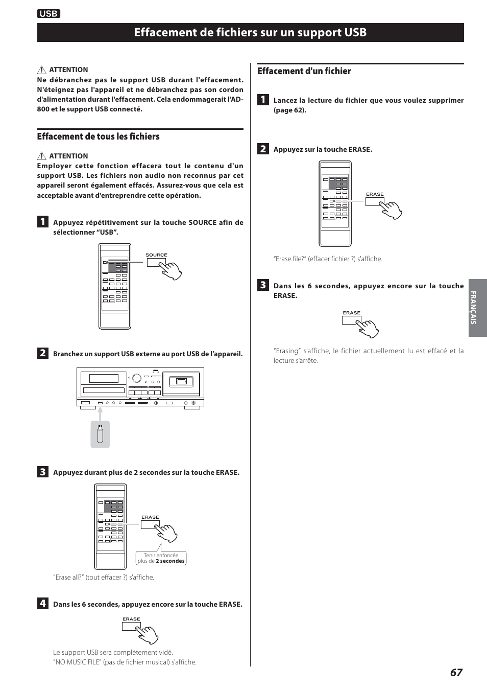 Effacement de fichiers sur un support usb | Teac AD-800 User Manual | Page 67 / 112