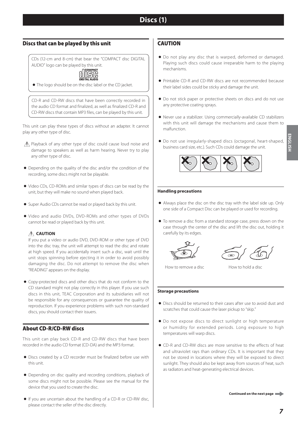 Discs, Discs (1), Discs that can be played by this unit | About cd-r/cd-rw discs, Caution | Teac AD-800 User Manual | Page 7 / 112