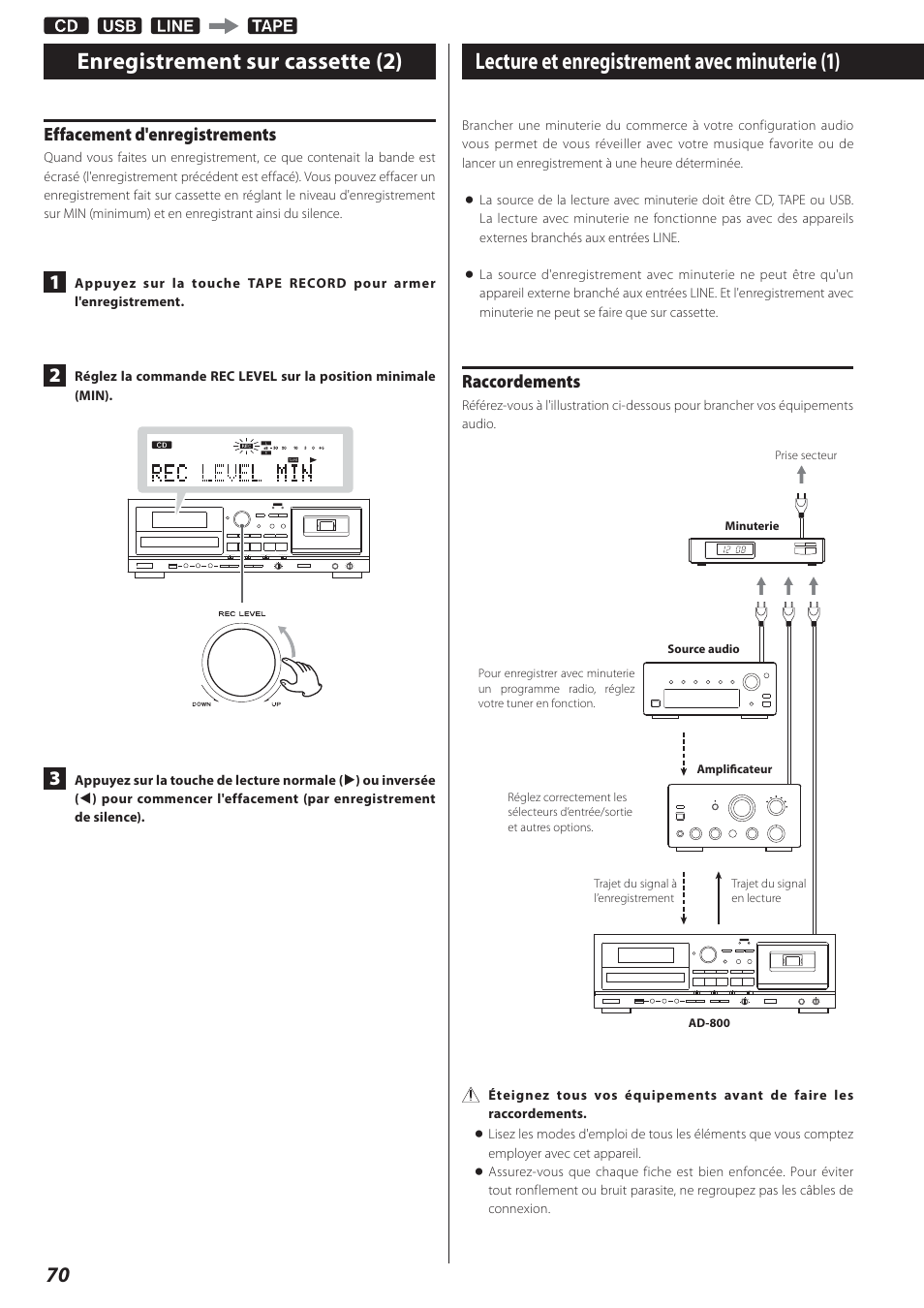 Lecture et enregistrement avec minuterie, Lecture et enregistrement avec minuterie (1), Enregistrement sur cassette (2) | Effacement d'enregistrements, Raccordements | Teac AD-800 User Manual | Page 70 / 112