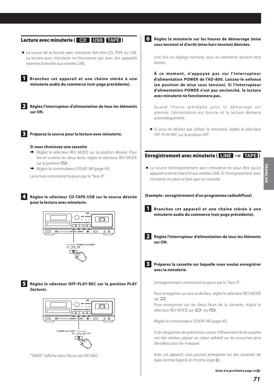 Lecture avec minuterie, Enregistrement avec minuterie | Teac AD-800 User Manual | Page 71 / 112