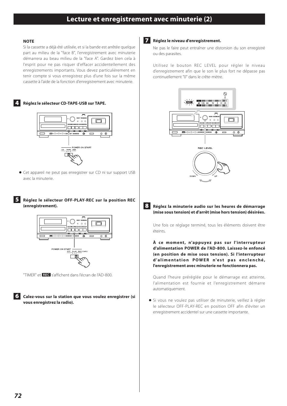 Lecture et enregistrement avec minuterie (2) | Teac AD-800 User Manual | Page 72 / 112