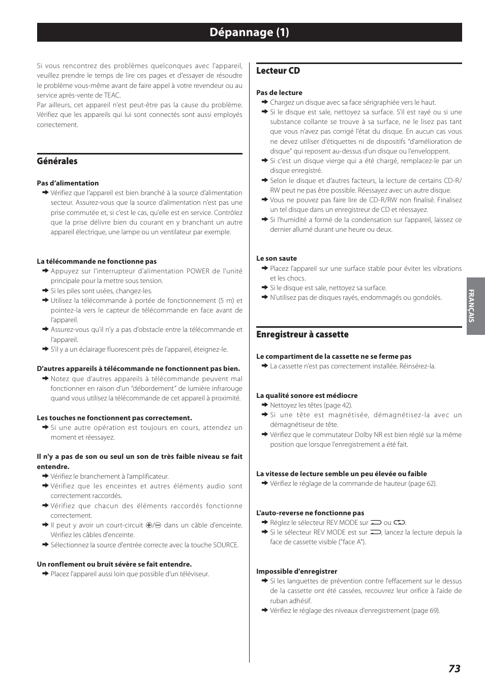 Dépannage, Dépannage (1), Générales | Lecteur cd, Enregistreur à cassette | Teac AD-800 User Manual | Page 73 / 112