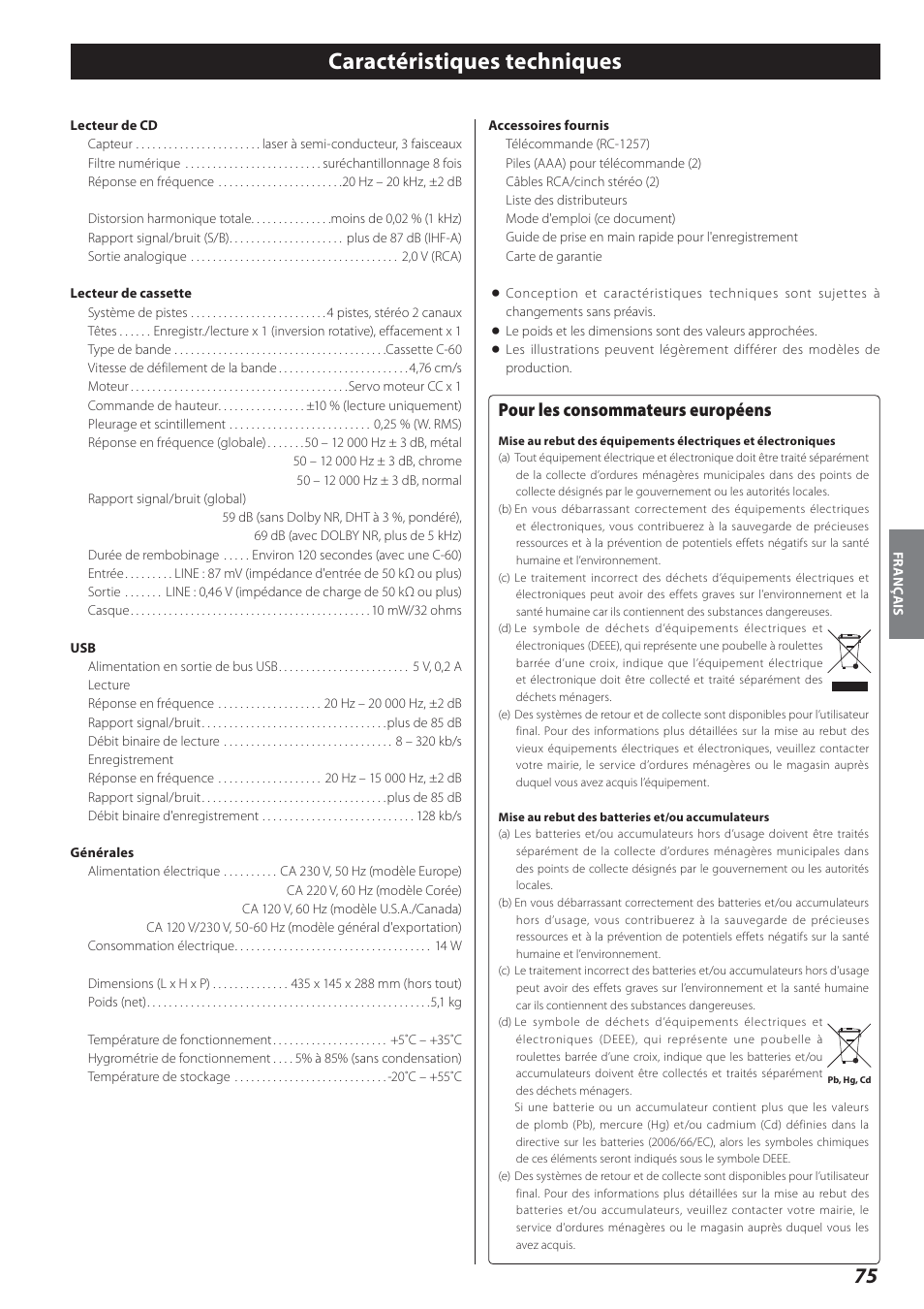 Caractéristiques techniques, Pour les consommateurs européens | Teac AD-800 User Manual | Page 75 / 112