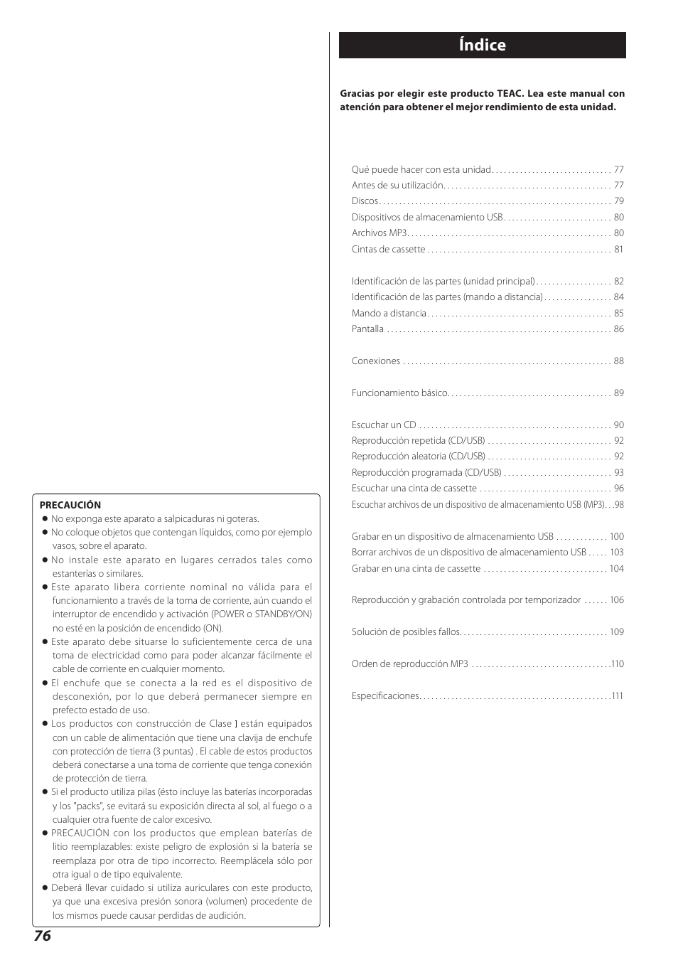Índice | Teac AD-800 User Manual | Page 76 / 112