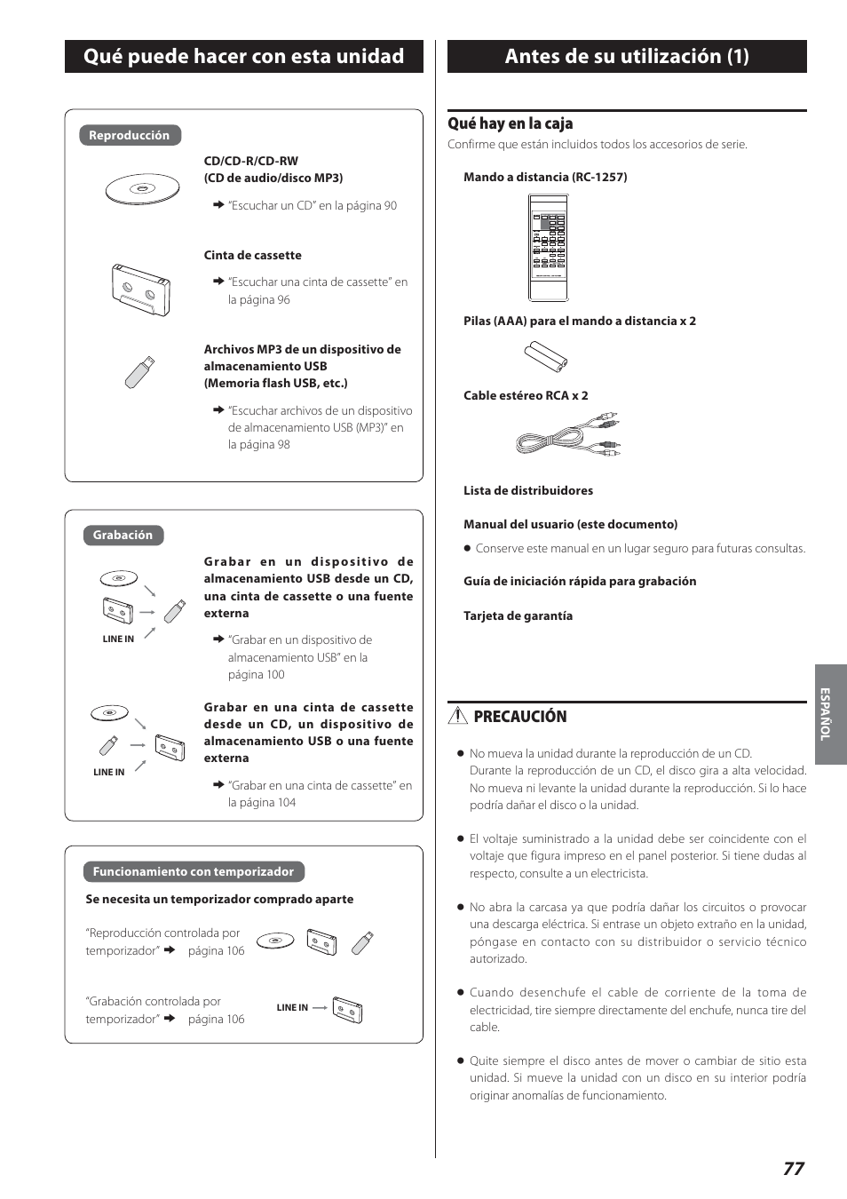 Qué puede hacer con esta unidad, Antes de su utilización, Antes de su utilización (1) | Qué hay en la caja, Precaución | Teac AD-800 User Manual | Page 77 / 112