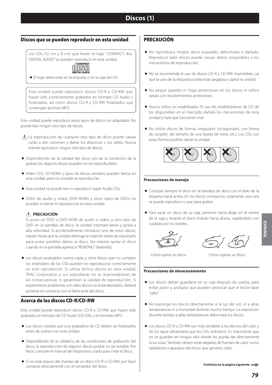 Discos, Discos (1), Discos que se pueden reproducir en esta unidad | Acerca de los discos cd-r/cd-rw, Precaución | Teac AD-800 User Manual | Page 79 / 112