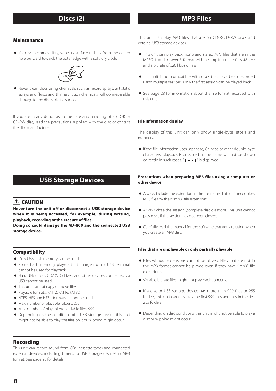 Usb storage devices, Mp3 files, Discs (2) mp3 files usb storage devices | Maintenance, Caution, Compatibility, Recording | Teac AD-800 User Manual | Page 8 / 112