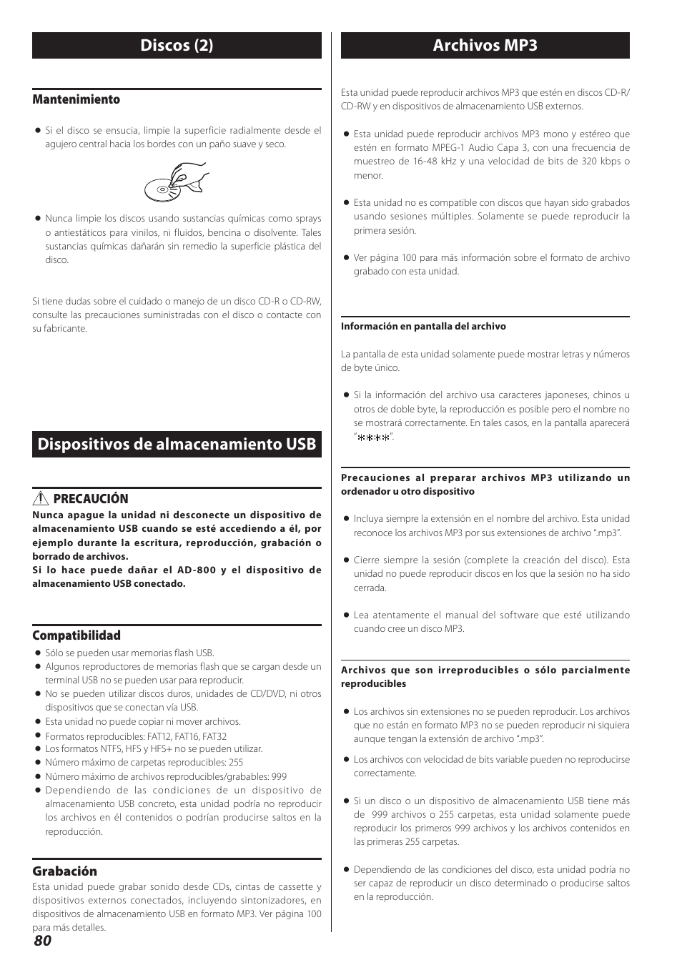 Dispositivos de almacenamiento usb, Archivos mp3, Mantenimiento | Precaución, Compatibilidad, Grabación | Teac AD-800 User Manual | Page 80 / 112