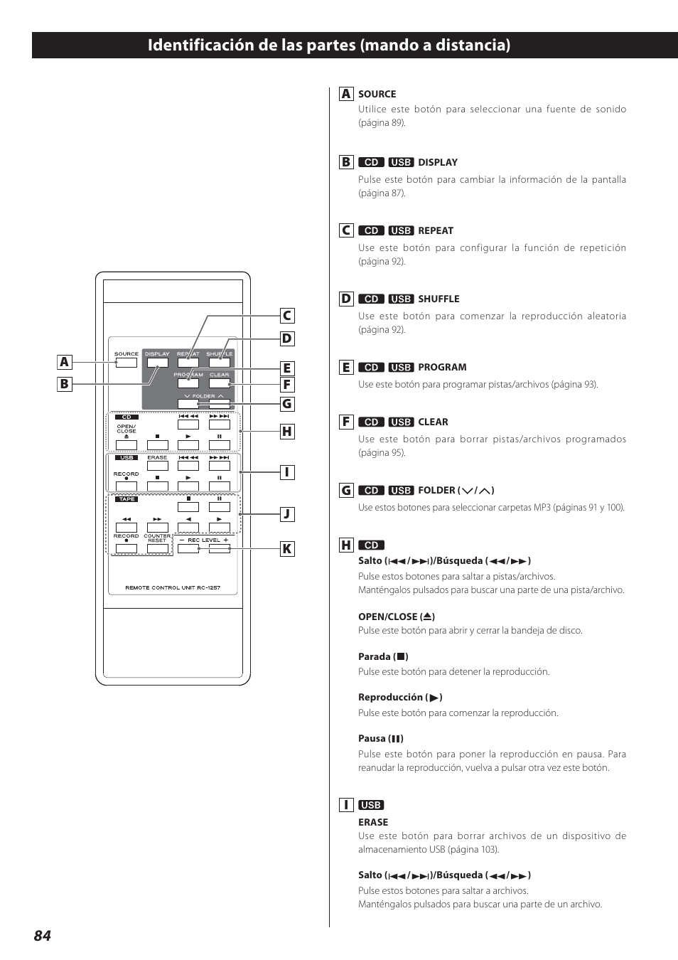 Identificación de las partes (mando a distancia) | Teac AD-800 User Manual | Page 84 / 112