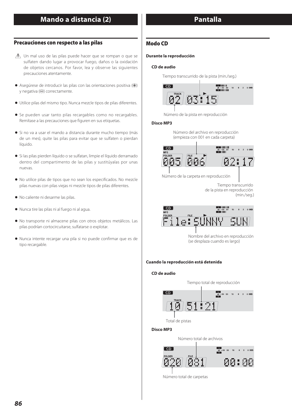 Pantalla, Mando a distancia (2), Modo cd | Precauciones con respecto a las pilas | Teac AD-800 User Manual | Page 86 / 112