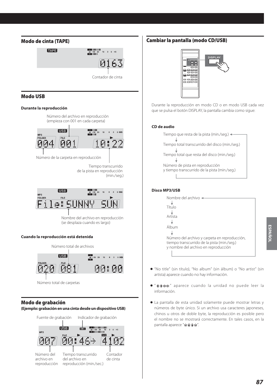 Modo de cinta (tape), Modo usb, Modo de grabación | Cambiar la pantalla (modo cd/usb) | Teac AD-800 User Manual | Page 87 / 112