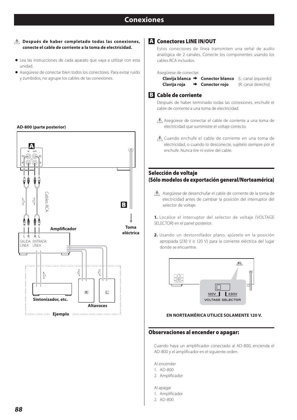 Conexiones, Aconectores line in/out, Bcable de corriente | Observaciones al encender o apagar | Teac AD-800 User Manual | Page 88 / 112