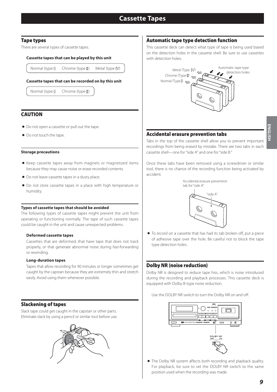 Cassette tapes, Tape types, Caution | Slackening of tapes, Automatic tape type detection function, Accidental erasure prevention tabs, Dolby nr (noise reduction) | Teac AD-800 User Manual | Page 9 / 112