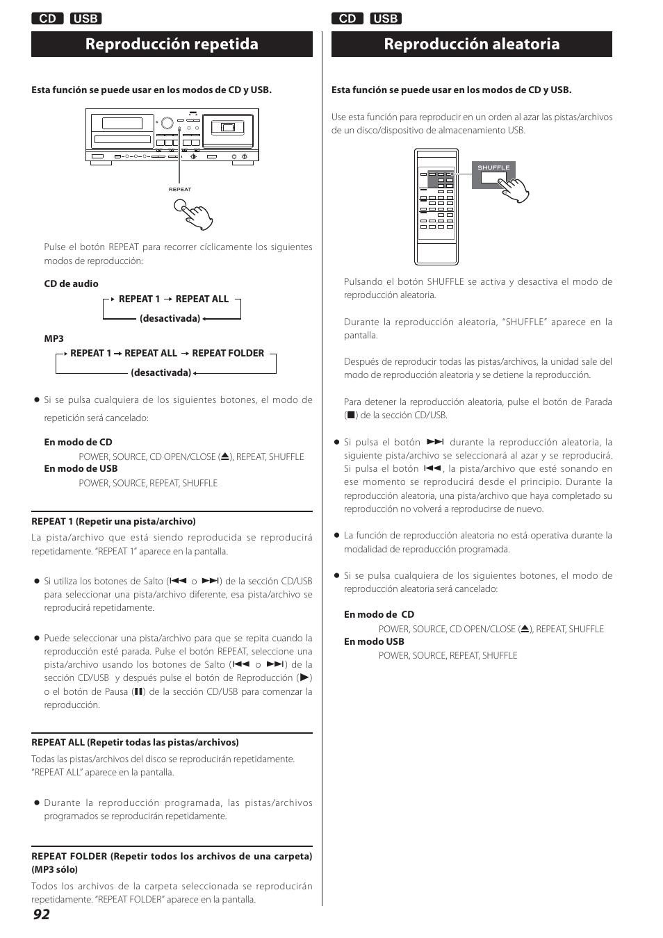 Reproducción repetida, Reproducción aleatoria | Teac AD-800 User Manual | Page 92 / 112