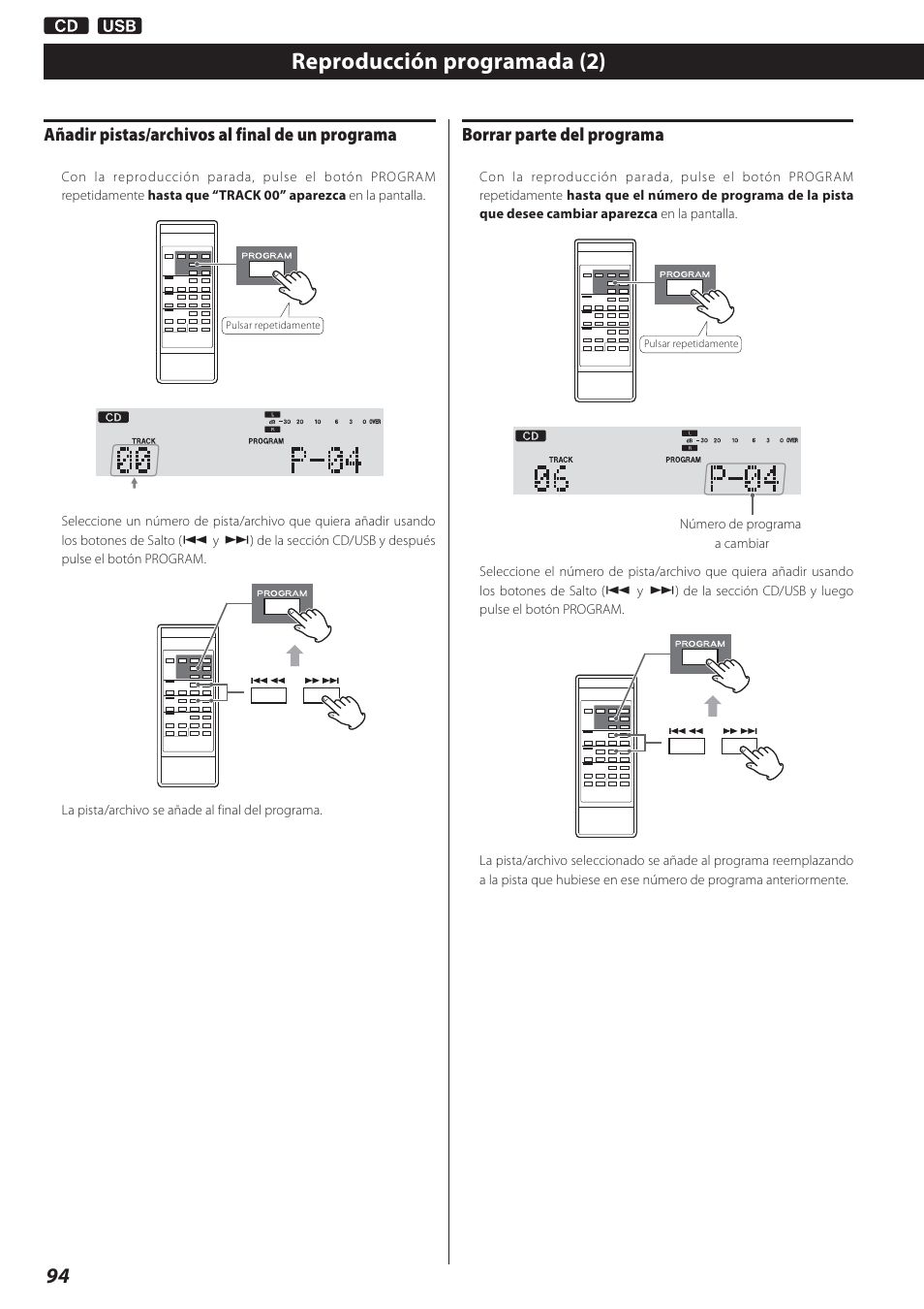 Reproducción programada (2), Añadir pistas/archivos al final de un programa, Borrar parte del programa | Teac AD-800 User Manual | Page 94 / 112