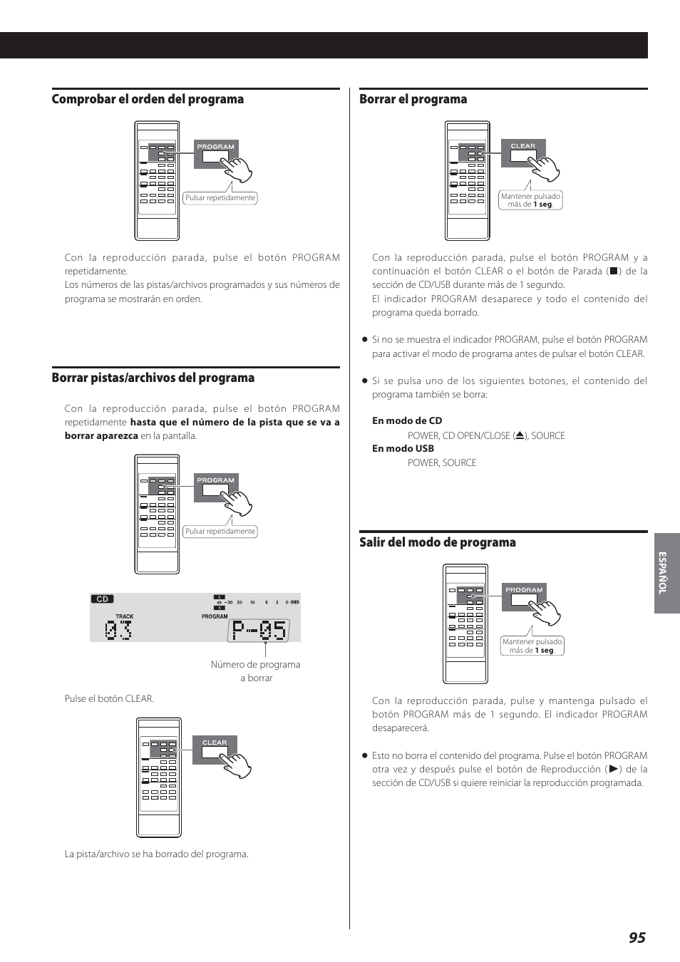 Borrar el programa, Salir del modo de programa, Comprobar el orden del programa | Borrar pistas/archivos del programa | Teac AD-800 User Manual | Page 95 / 112