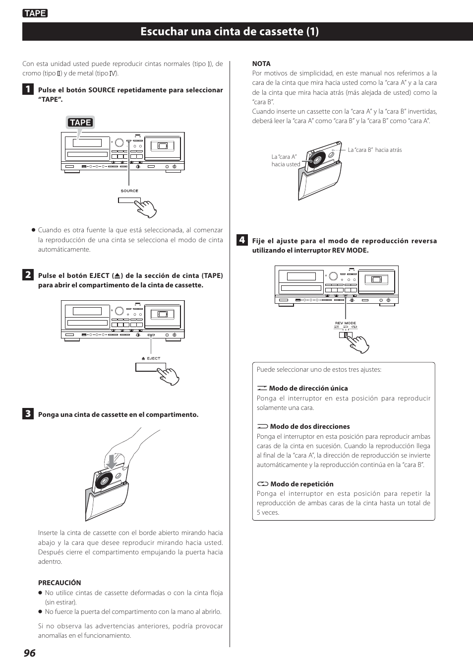 Escuchar una cinta de cassette, Escuchar una cinta de cassette (1) | Teac AD-800 User Manual | Page 96 / 112