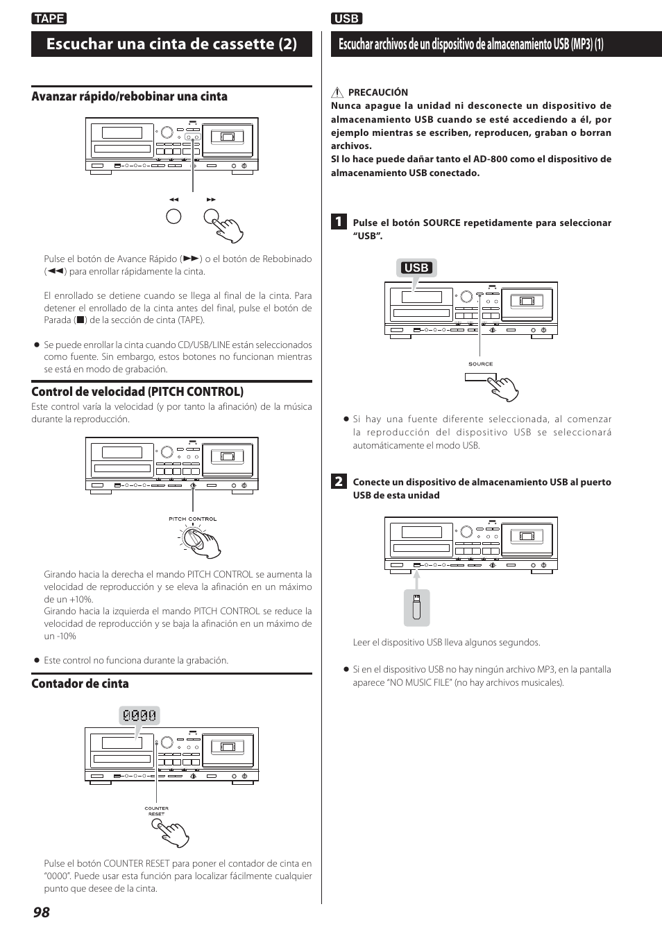 Escuchar una cinta de cassette (2) | Teac AD-800 User Manual | Page 98 / 112