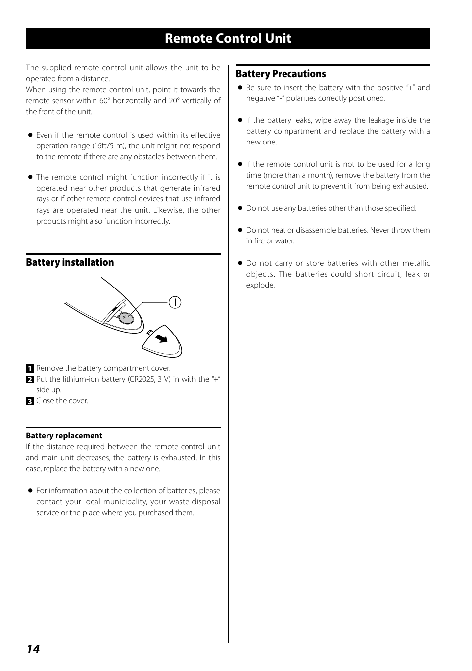 Remote control unit, Battery installation, Battery precautions | Teac SR-100I User Manual | Page 14 / 96