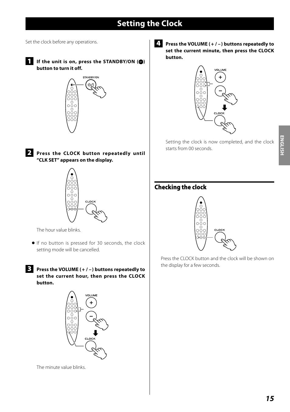 Setting the clock, Checking the clock | Teac SR-100I User Manual | Page 15 / 96