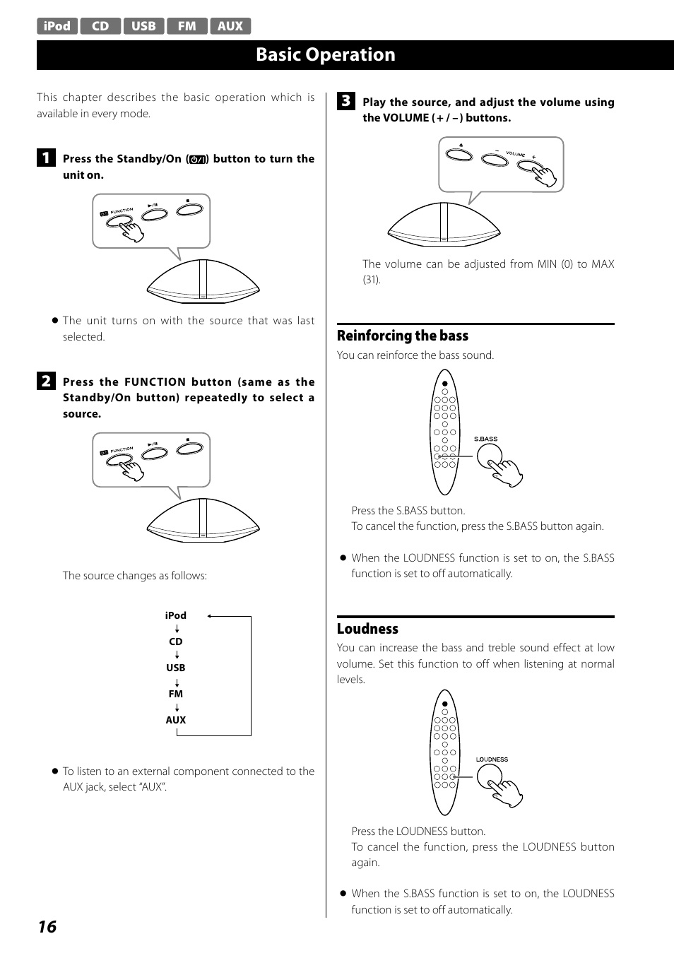 Basic operation, Reinforcing the bass, Loudness | Teac SR-100I User Manual | Page 16 / 96