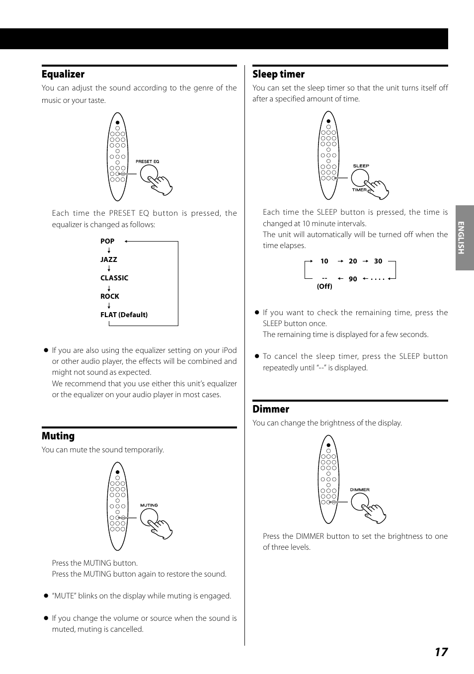 Equalizer, Muting, Sleep timer | Dimmer | Teac SR-100I User Manual | Page 17 / 96