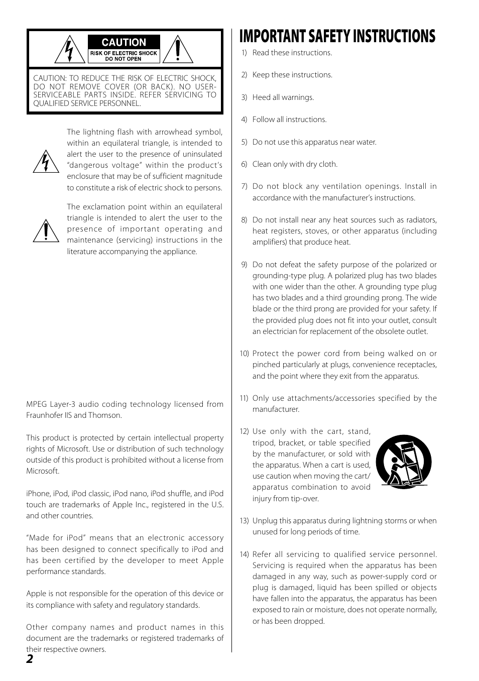 Important safety instructions | Teac SR-100I User Manual | Page 2 / 96