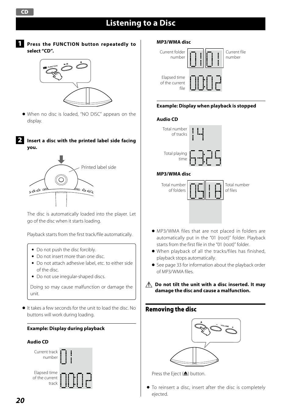 Listening to a disc, Removing the disc | Teac SR-100I User Manual | Page 20 / 96