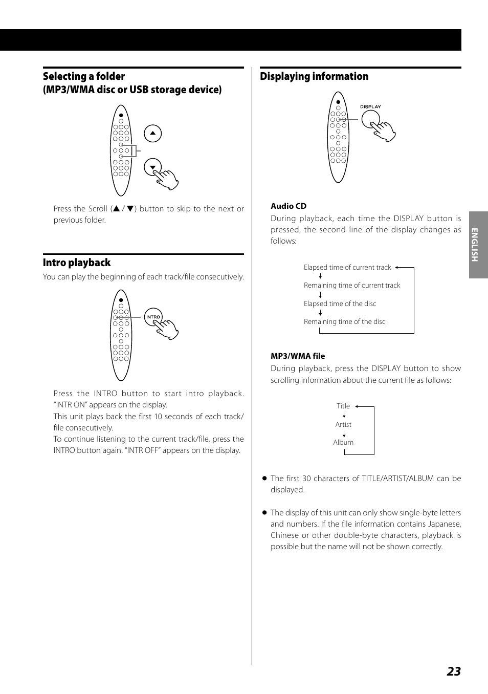 Intro playback, Displaying information | Teac SR-100I User Manual | Page 23 / 96