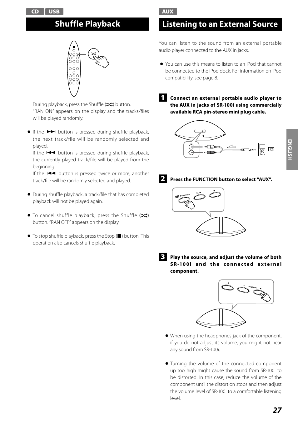 Shuffle playback, Listening to an external source | Teac SR-100I User Manual | Page 27 / 96